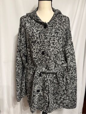 Station wagon Women’s Black & White Marled Hooded Knit Cardigan with Belt SZ 2X